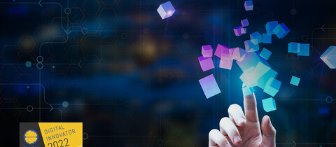 Hand pointing up with virtual blue, purple, and pink cubes