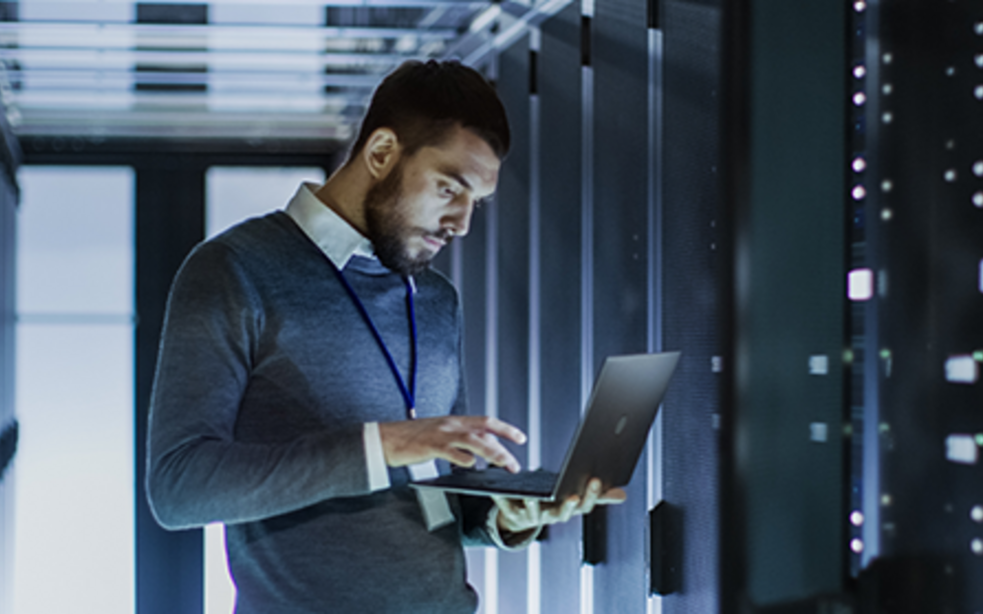 man in server room