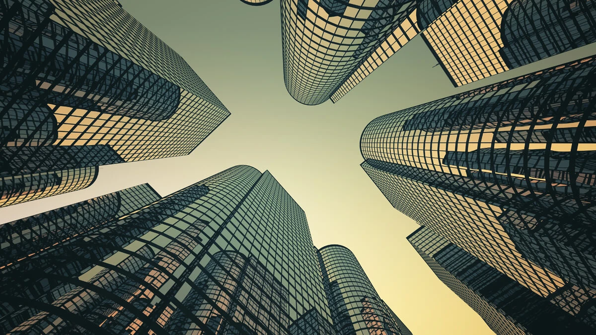Perspective image looking up at skyscrapers