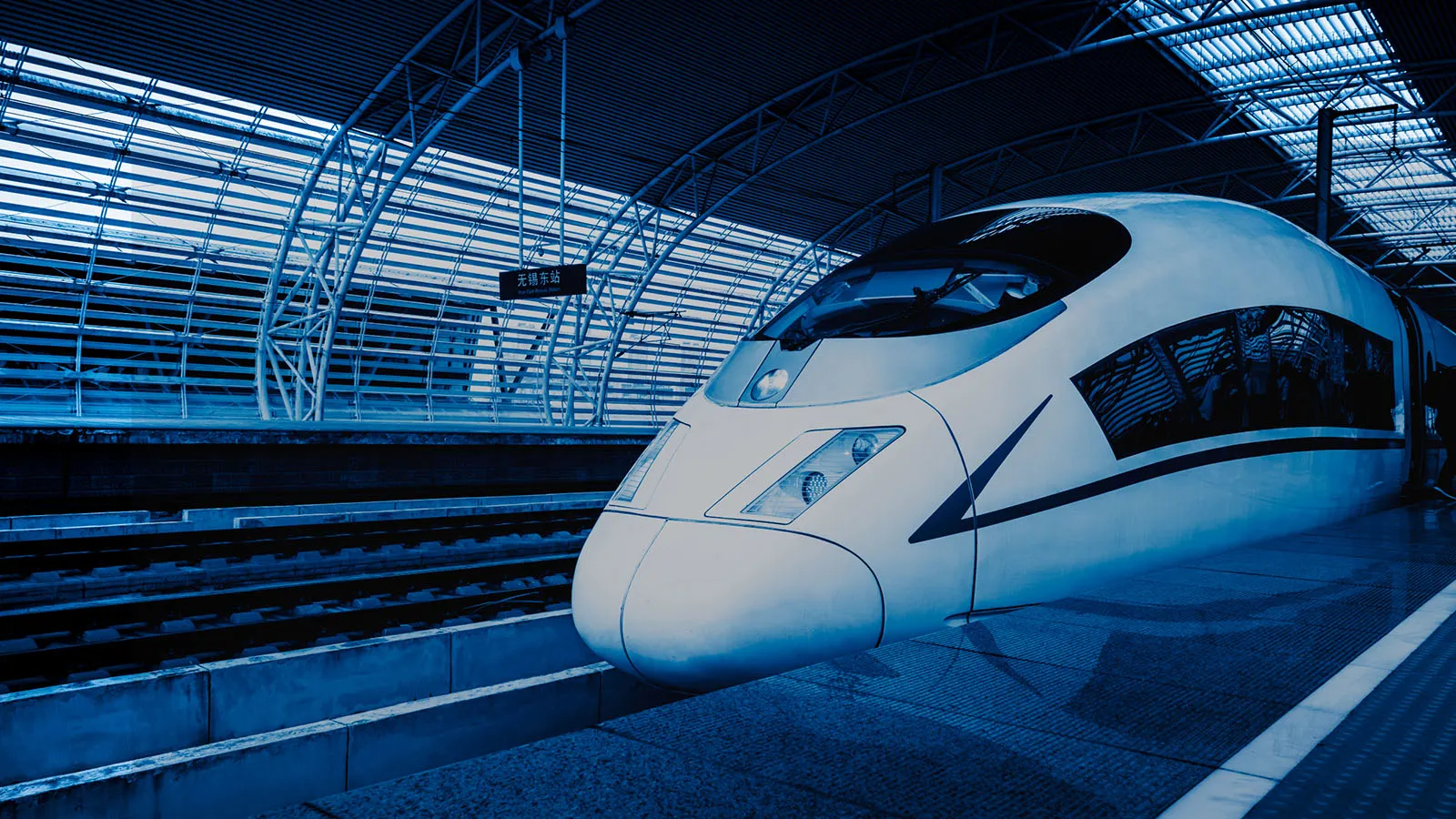 Blue tint photo of rapid rail system