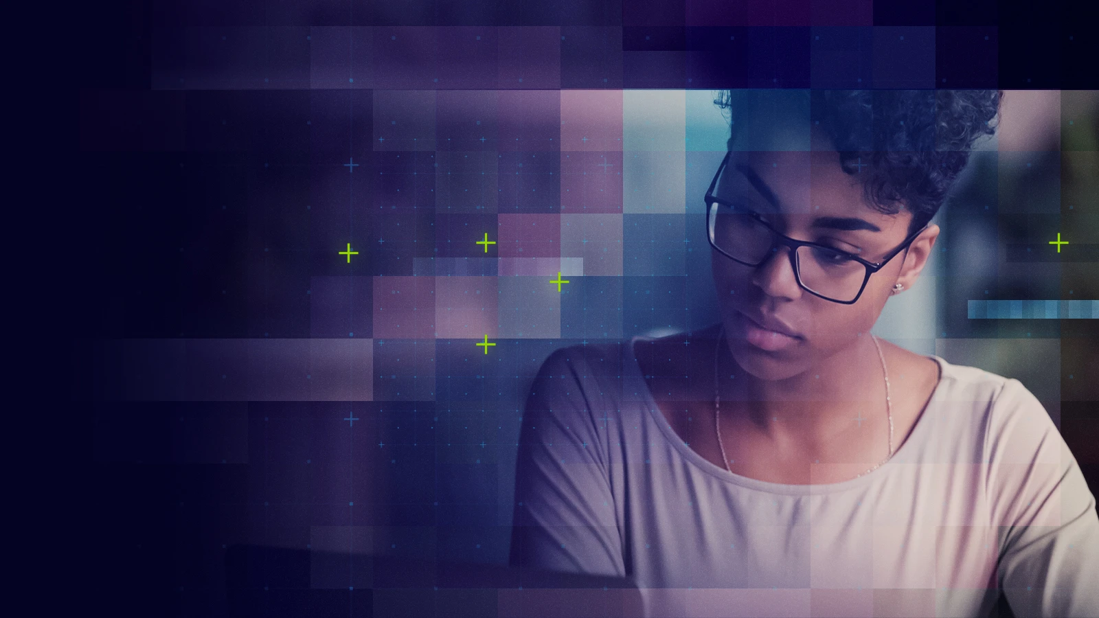 Woman looking pensive, overlaid with purple and blue plaid pattern