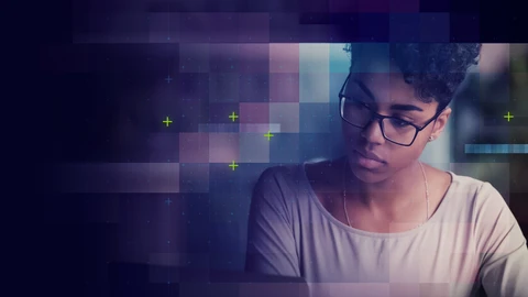 Woman looking pensive, overlaid with purple and blue plaid pattern