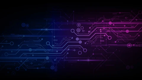 dark background with blue to pink gradient of circuit lines and gears