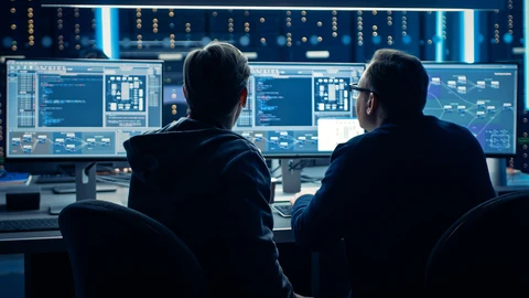 2 people reviewing data on 4 monitors in SOC