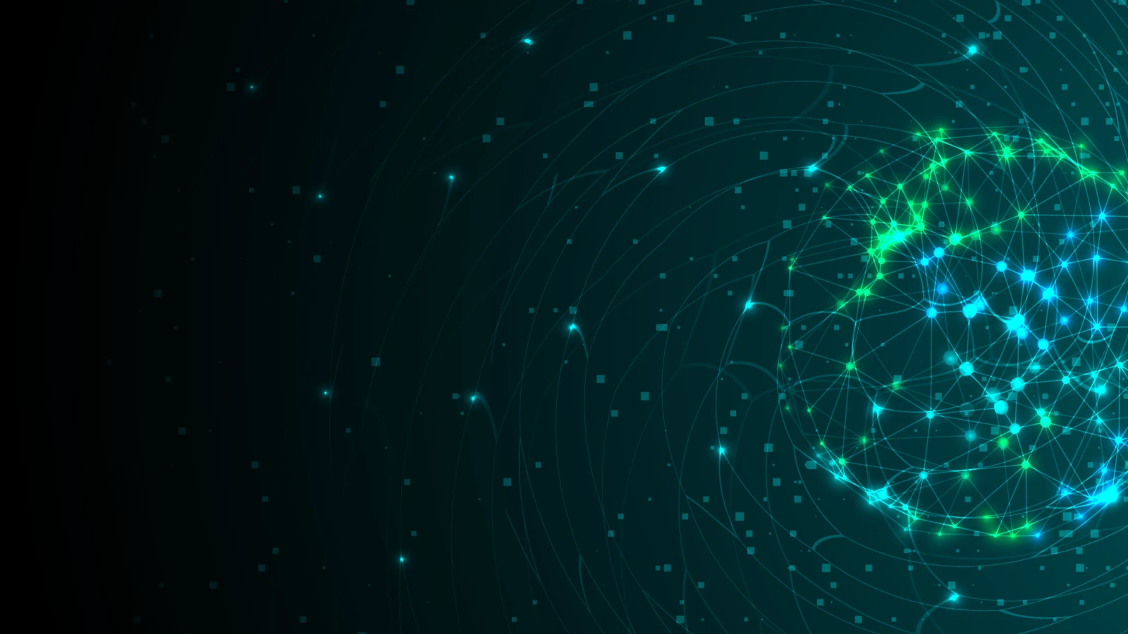 Abstract green and blue dots in the shape of a spiraling orb