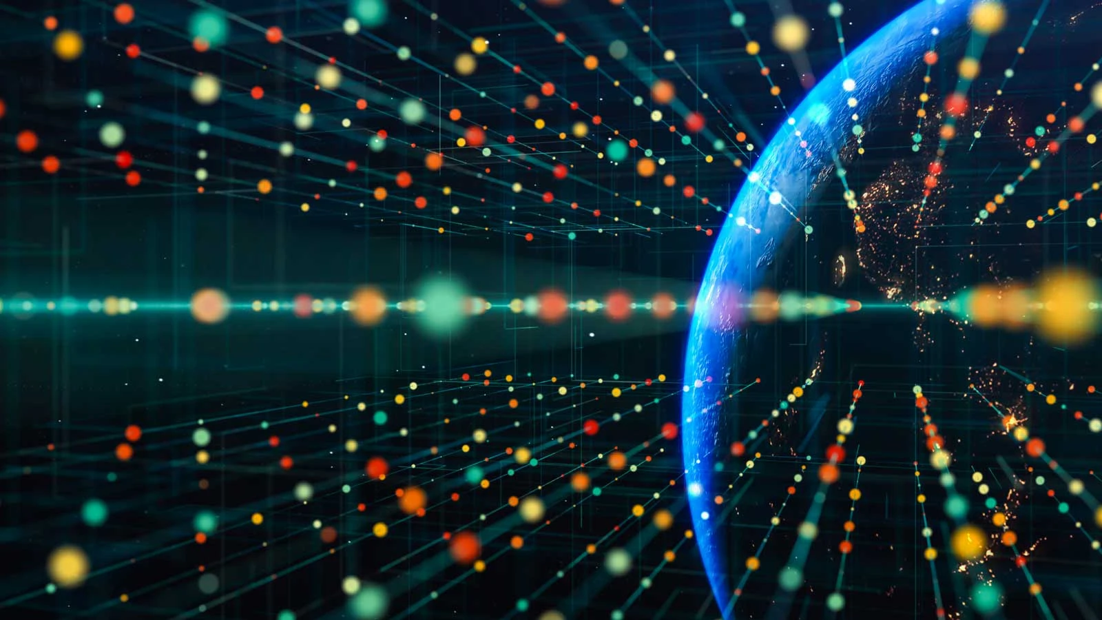 Earth from space with abstract yellow, red, and green dots in lines emanating from the planet