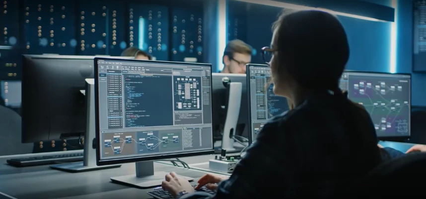 Woman working at desk with multiple monitors