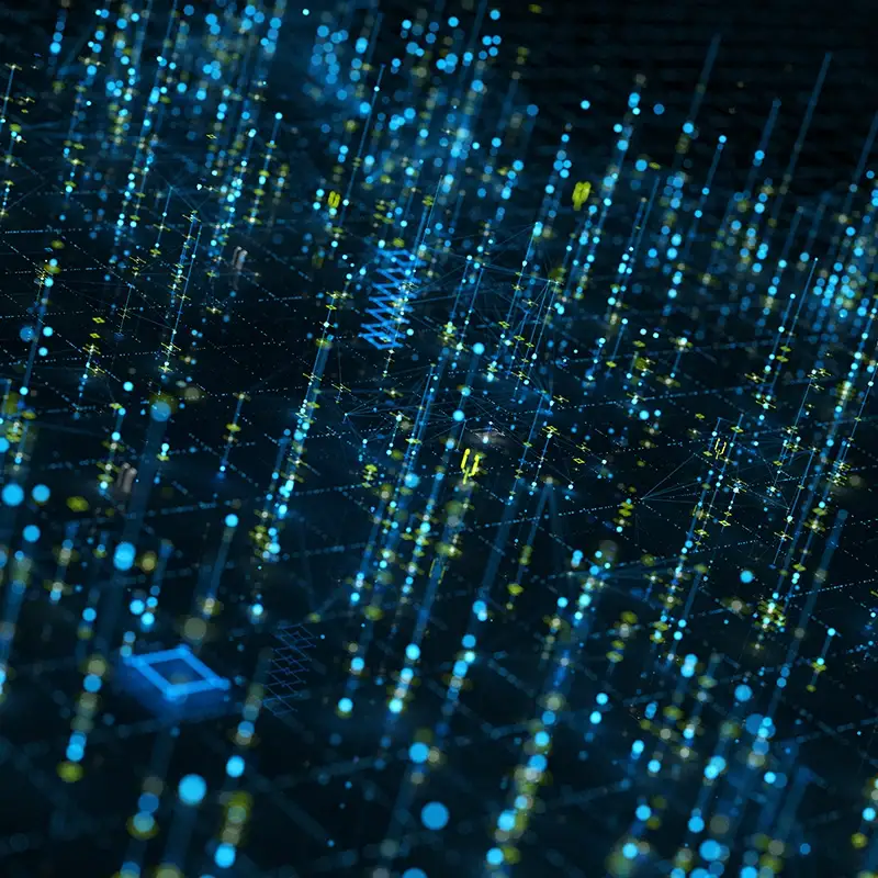 dark background with light blue and light green dots and lines in a 3D perspective