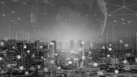 greyscale cityscape with lines and icons overlaying