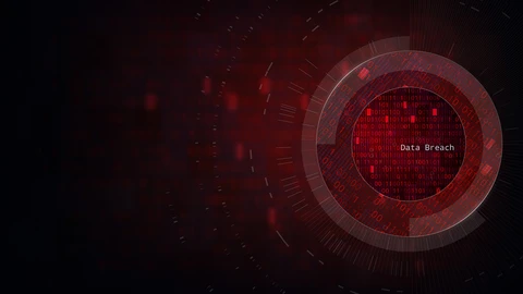 Dark red abstract background with a circle filled with 0s and 1s and "Data Breach" in white