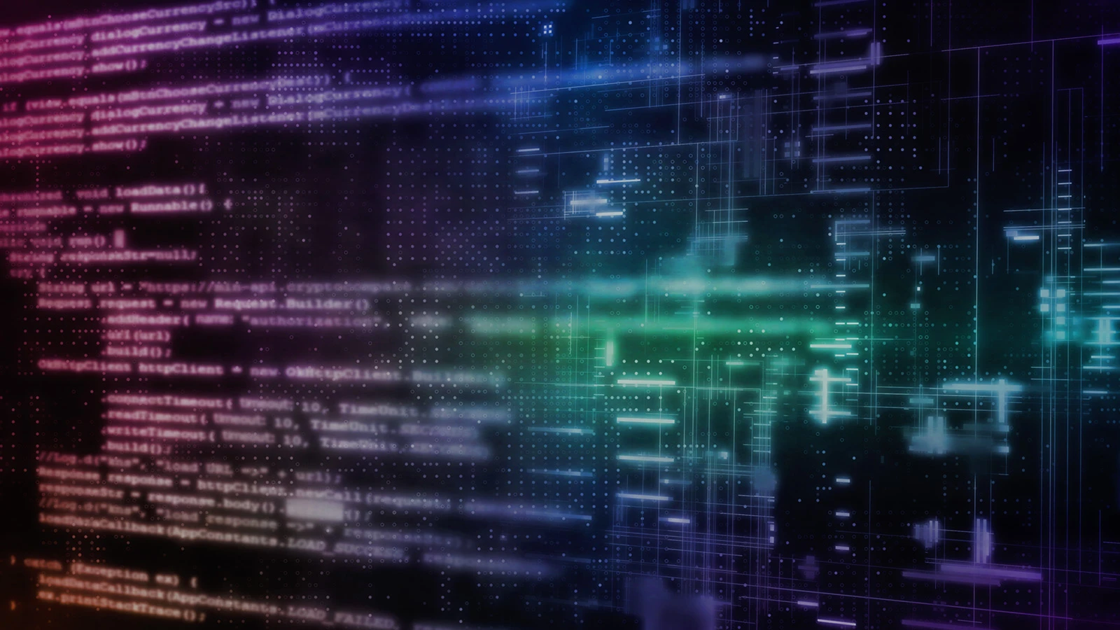 Abstract colored code overlay on dark background